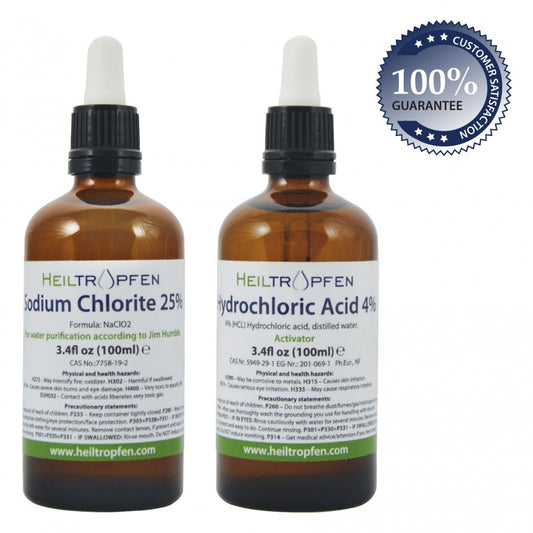 Home water purification treatment kit -CHLORINE DIOXIDE : SODIUM CHLORITE (NACLO2) 25% -100ML + ACTIVATOR (HCL - HYDROCHLORIC ACID 4%)- 100ML